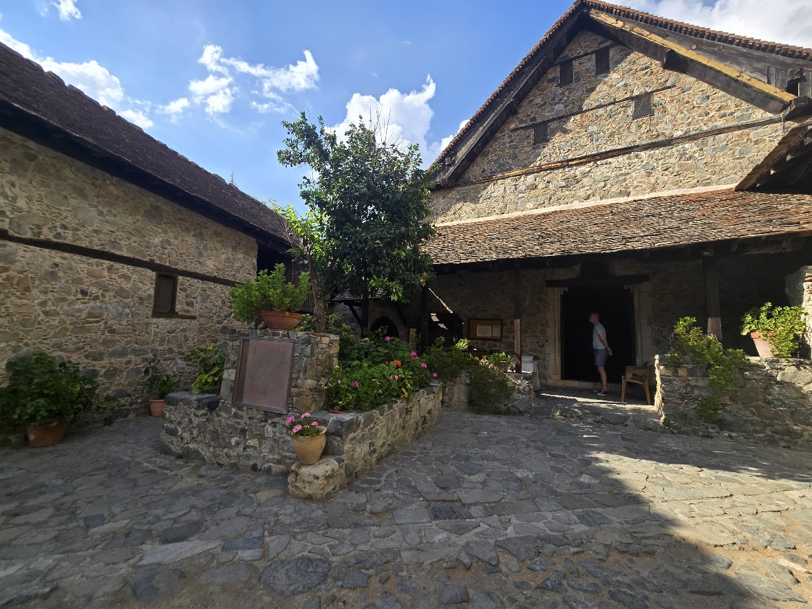 Walking up to the monastery complex. Ironically, the village across the valley is a well-known spa/resort town.