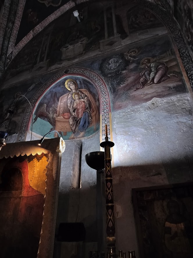 Italo-Byzantine Frescos in the former Latin chapel. Moses before the Burning Bush and receiving the tablets of the Law.