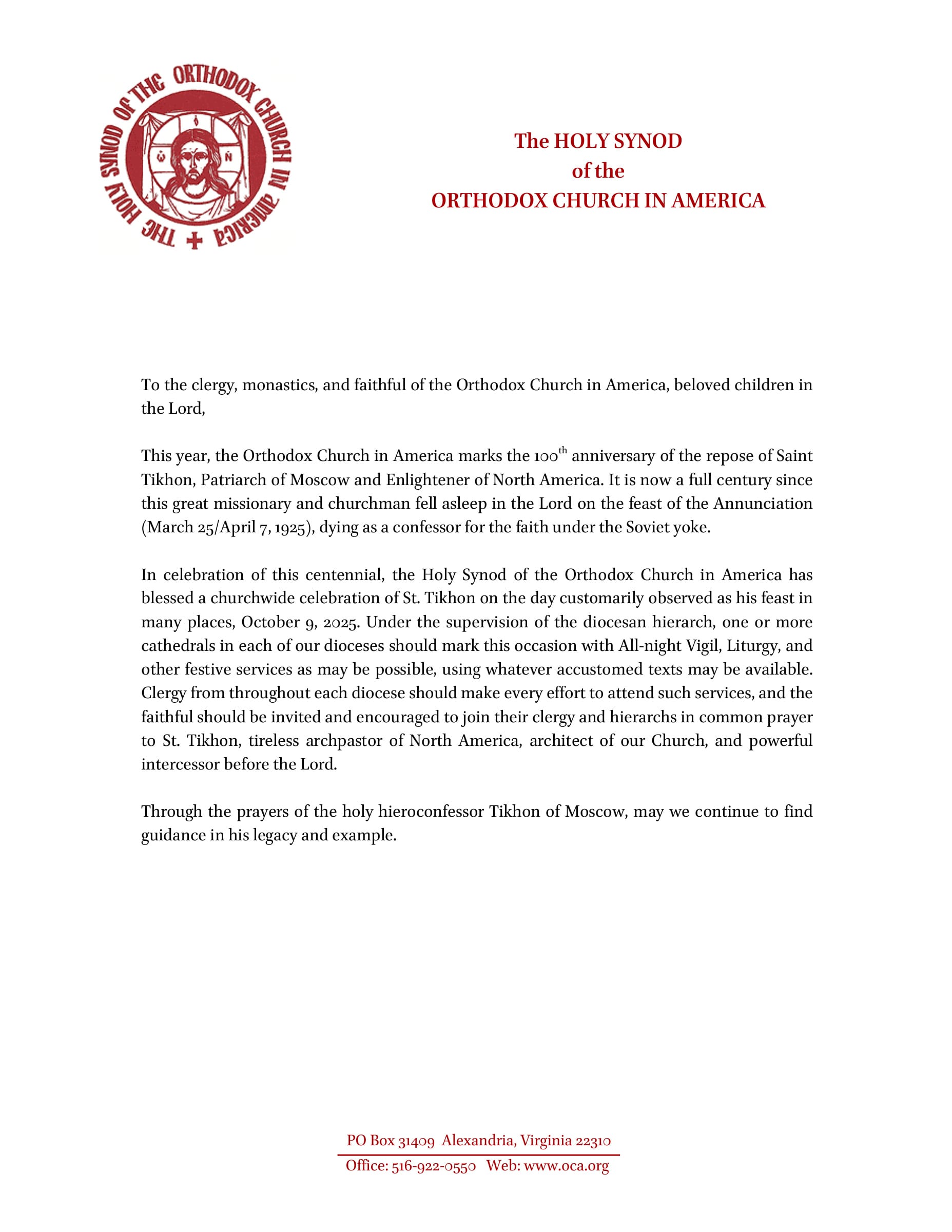 Holy Synod of the Orthodox Church in America: proclamation concerning the 100th anniversary of the repose of St. Tikhon, 2025