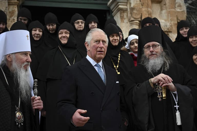Metropolitan Mark of Berlin and Germany and Archimandrite Roman Krassovsky receive King Charles at the Church of St. Mary Magdalene in Gethsemane