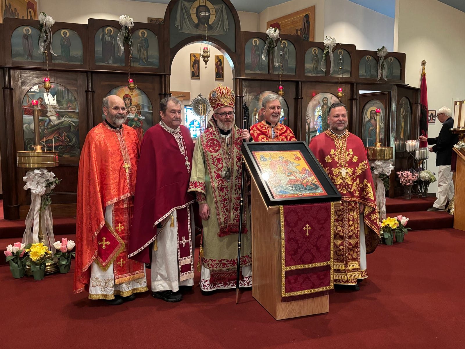 The clergy who served this day, pictured from left to right: Fr. John Kreta, Fr. Sergei Bouteneff, Bishop Nikodhim, Fr. George Coca, and Fr. Mark Doku. Photo: stgeorgetrumbull.org