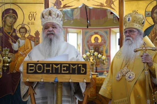Abp. Stefan of the Macedonian Orthodox Church gives remarks as Met. Tikhon of the OCA looks on. Photo: oca.org