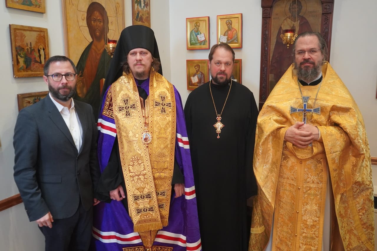 Pictured (from left): Dr. Ionuț-Alexandru Tudorie, His Grace Bsp. Vasily, Archpriest Kirill Sokolov, and Archpriest Alexander Rentel. Photo: Seminarians Scott Strickland & Andrew Neel