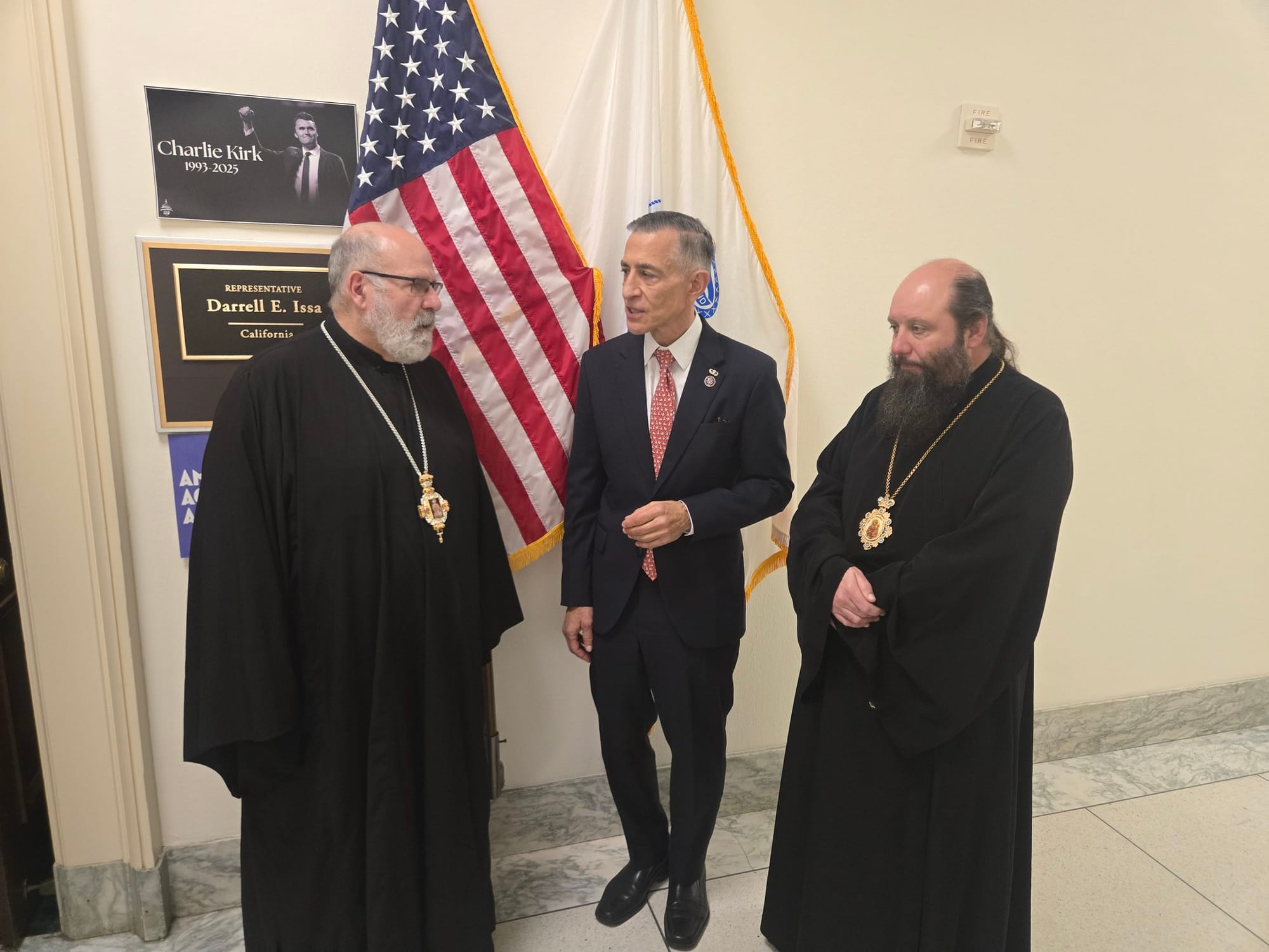 Bishop John (Antiochian) and Metropolitan Nicholas (ROCOR) speak with Rep. Issa. Photo: Catherine Whiteford/X