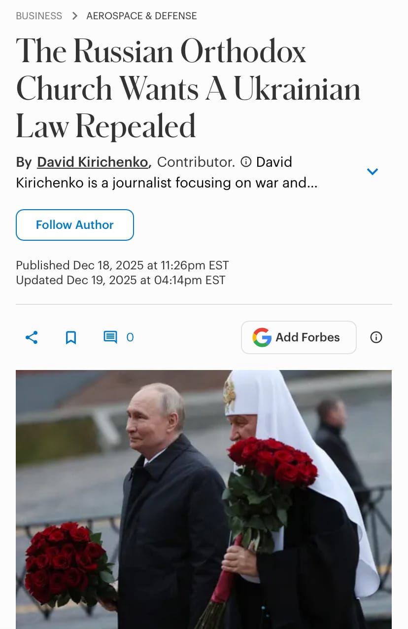 The headline of the Forbes article after it was changed. However, the misleading photo of Patriarch Kirill and Vladimir Putin was kept in place. Photo: UOJ-USA