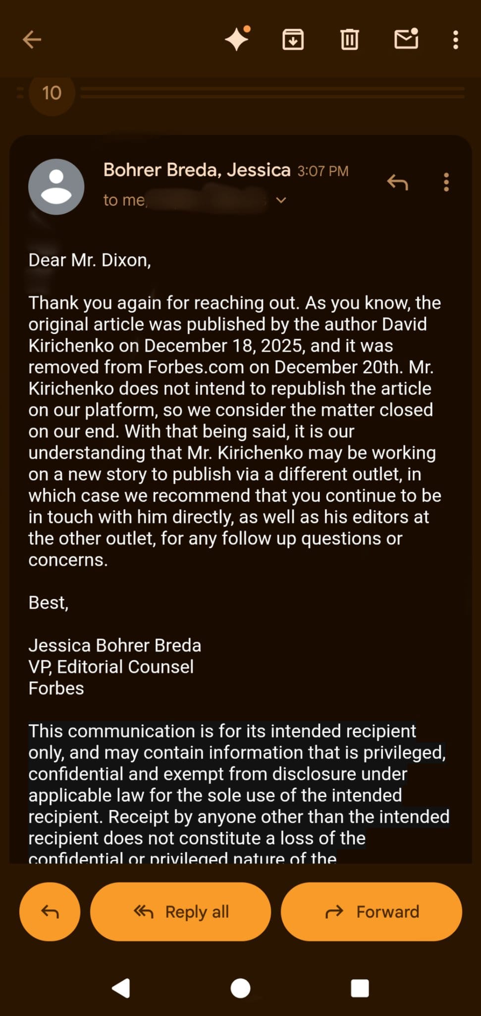A screenshot of the email sent by Forbes. Photo: Society of St. John/X