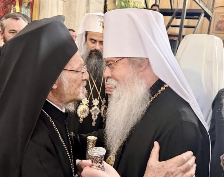 Ecumenical Patriarch Bartholomew with Metropolitan Tikhon of the OCA at Patriarch Ilia II's funeral in Georgia recently. Photo: oca.org