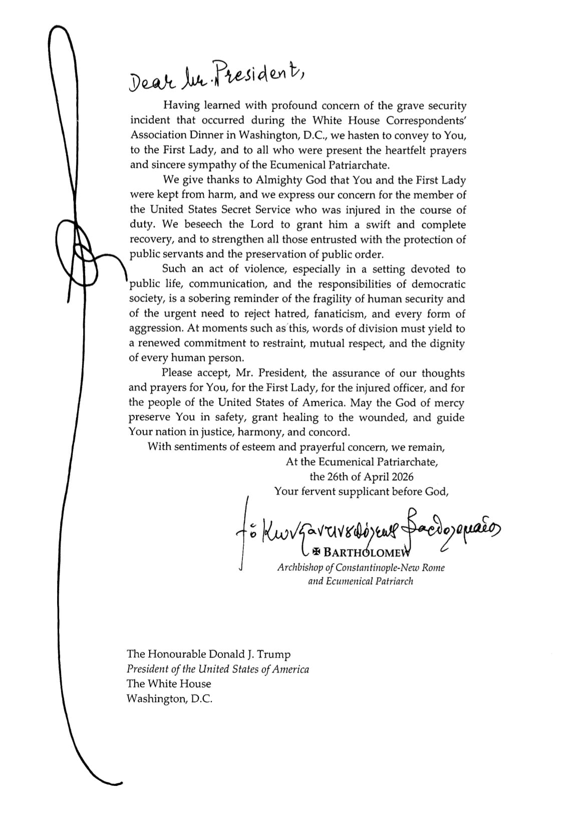 Signed letter from Ecumenical Patriarch Bartholomew to President Donald Trump, April 26, 2026