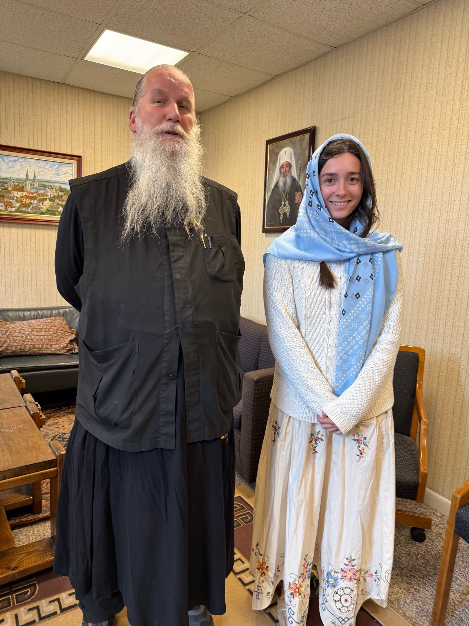 Archimandrite Nektarios gave a tour of the monastery to Alexandra Fasulo, President of the American Land Rescue Fund. Photo: Alexandra Fasulo/Facebook