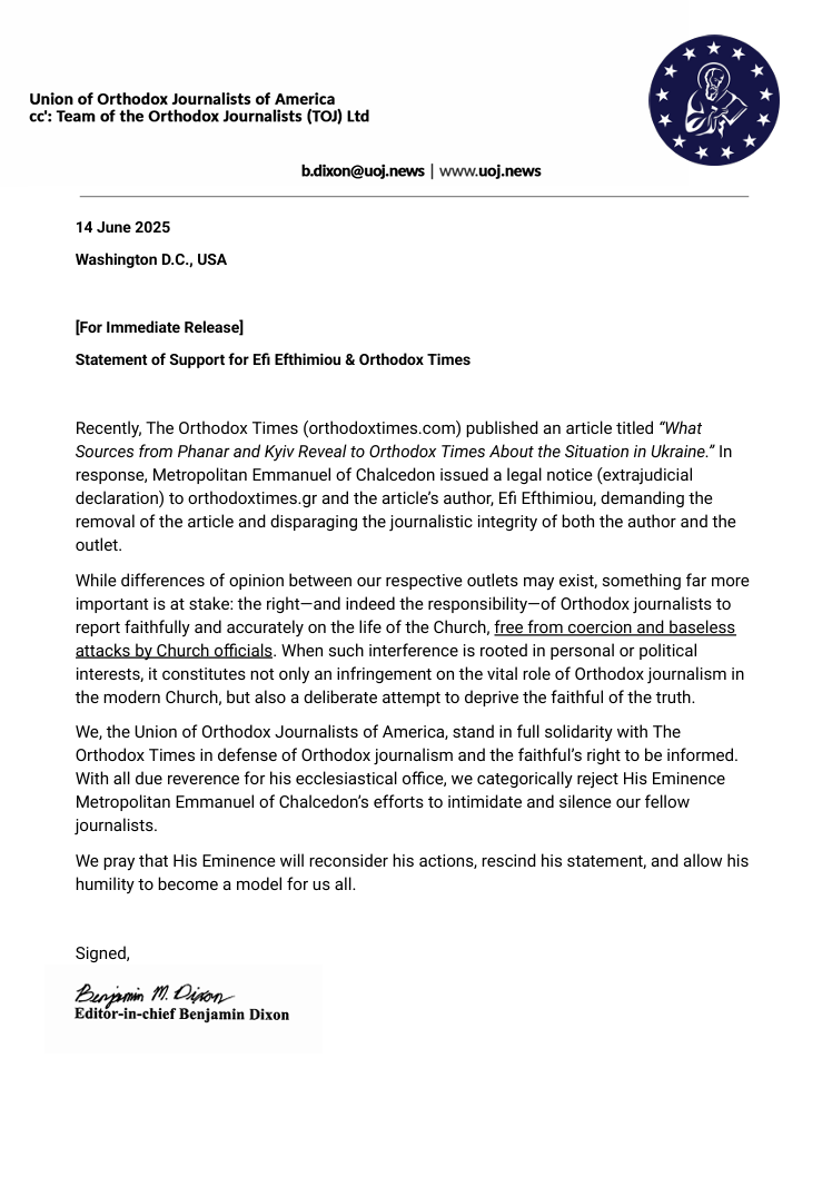 Statement of Support for Efi Efthimiou & Orthodox Times 