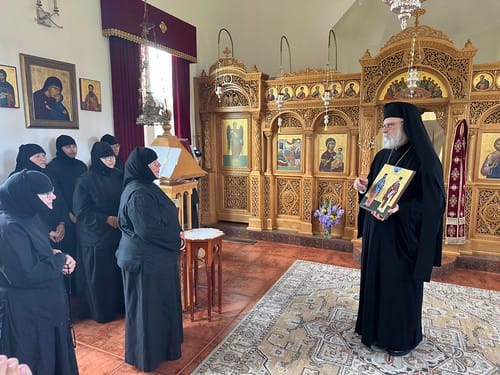 Met. Saba presents the nuns of the Nativity of the Theotokos Greek Orthodox Convent with an icon of Ss. Nicholas and Habib Khasha of Damascus.