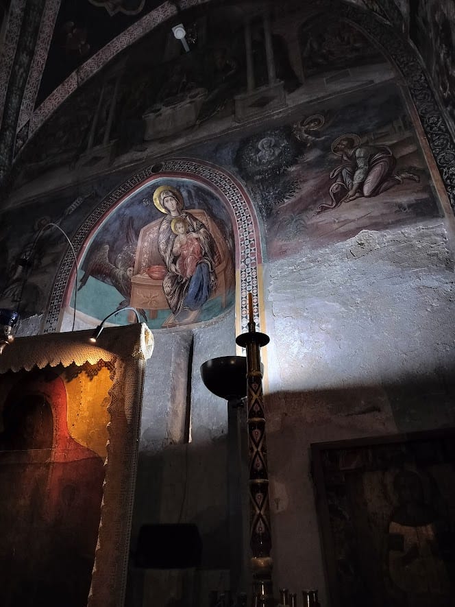 Italo-Byzantine Frescos in the former Latin chapel. Moses before the Burning Bush and receiving the tablets of the Law.