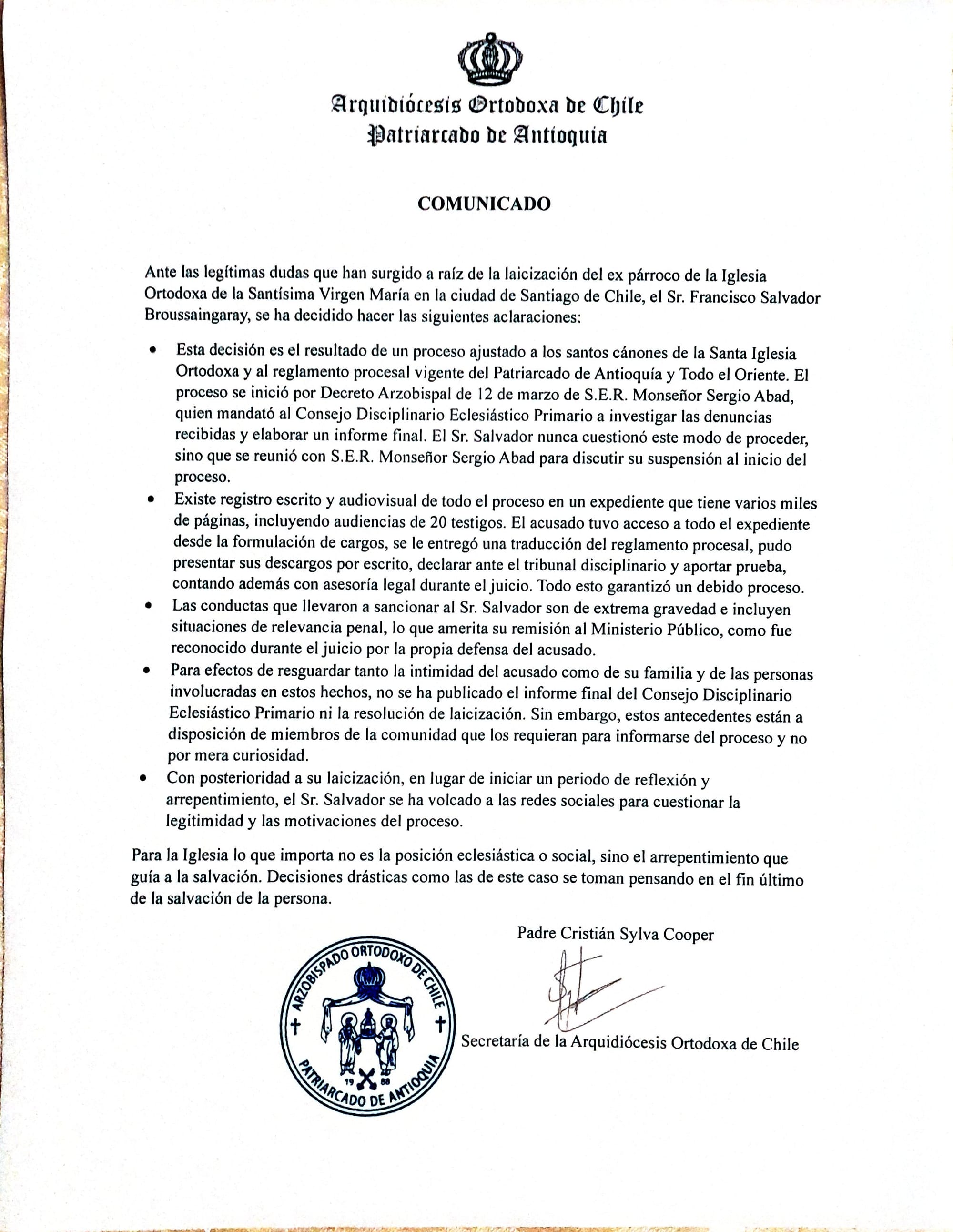 The official communique signed by Fr. Cristian Sylva Cooper.