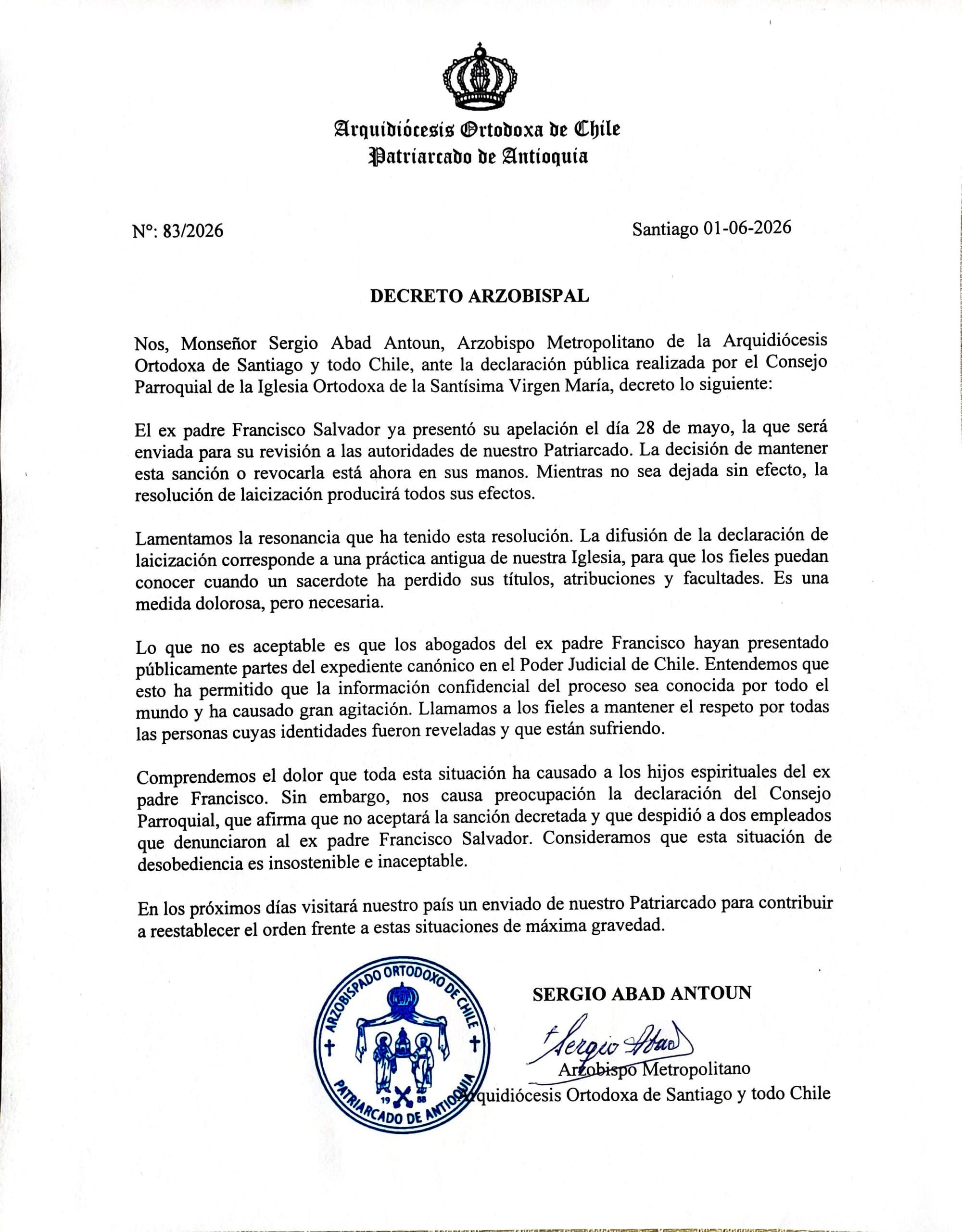 The statement of Metr. Sergio from June 1, 2026.