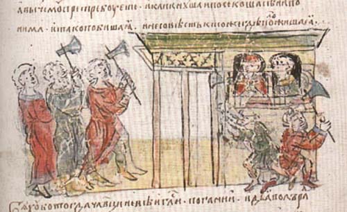 The lot fell on the son of a noble Varangian who had come to Russia from the Byzantine Empire and converted to Christianity. The Varangian refused to sacrifice his son, and then by Vladimir’s orders he and his entire family were killed.