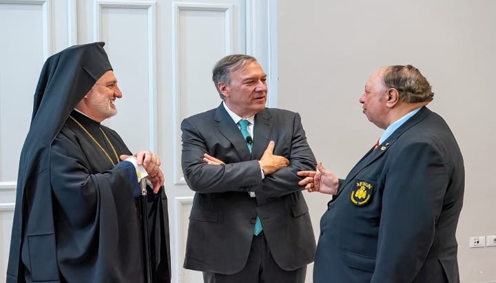 His Eminence Archbishop Elpidophoros of America and Archon John A. Catsimatidis speaking with Secretary Pompeo. Photo: J. Mindala