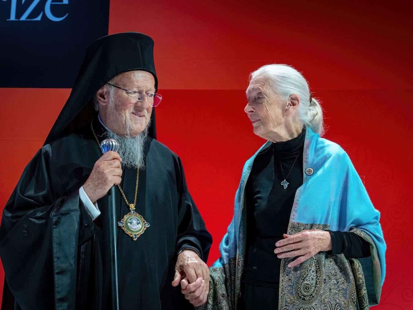 Pat. Bartholomew and Jane Goodall pictured at the presentation of the 2025 Templeton Prize. Photo: Archons/Orthodox Observer/J. Mindala