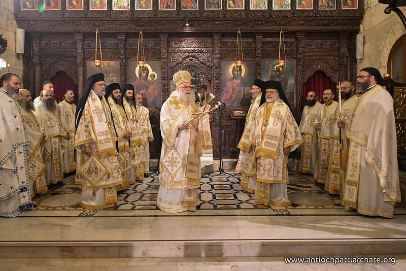 His Eminence Met. Saba is pictured to the left of His Beatitude Pat. John X (center) during the Patriarchal Divine Liturgy. Photo: antiochpatriarchate.org