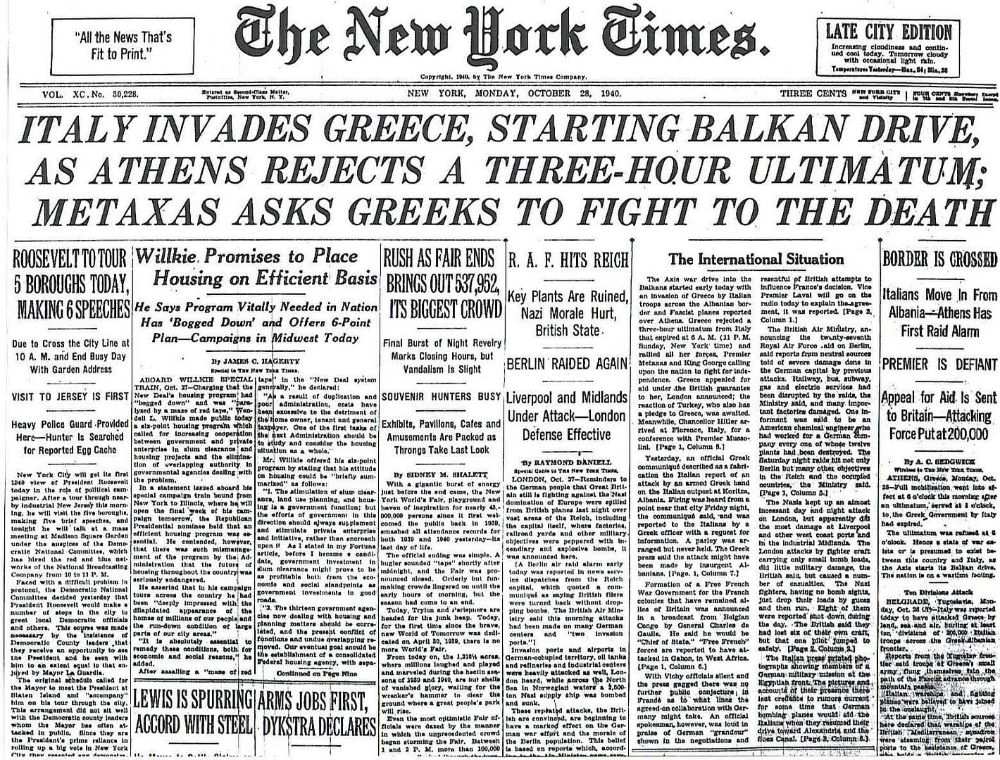 The New York Times headline on Oct. 28, 1940. Source: freerepublic.com