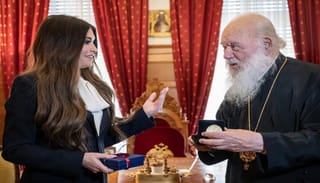 U.S. Ambassador to Greece Kimberly Guilfoyle and Abp. Ieronymos. Photo: AP