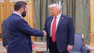 President Trump meets with Syria's interim President Ahmed al-Sharaa on March 14, 2025 in Riyadh, Saudi Arabia. Photo: Saudi Royal Palace/AP