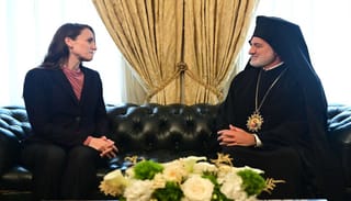 Abp. Elpidophoros meets with Romania's Minister of Foreign Affairs. Photo: Orthodox Observer/Dimitrios Panagos