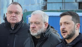 Pictured from left to right: The ex-head of Ukraine's state nuclear power company Enerhoatom Petro Kotin, Justice Minister Herman Halushchenko and Ukraine's President Volodymyr Zelensky.