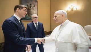 Alex Capecelatro and his "husband," Brian Stevens, meeting with Pope Leo. Photo: Alex Capecelatro/Facebook