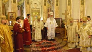 Metr. Tikhon concelebrating the Divine Liturgy with Patr. Ilia II at the Holy Trinity Cathedral in Tbilisi in 2015. Photo: oca.org