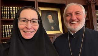 Barbara Larin and Abp. Elpidophoros. Photo: Vassa Larin/Facebook