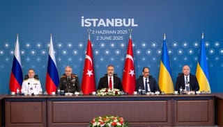 Turkish Foreign Minister Hakan Fidan (center) chairs the Russia-Ukraine talks in Istanbul on Monday. Photo: Murat Gok/Anadolu/Getty Images