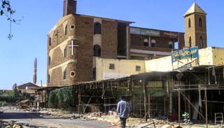A damaged building of the Sudan Evangelical Presbyterian Church. Photo: EBRAHIM HAMID/AFP via Getty Images