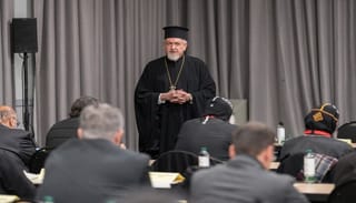 His Eminence Metropolitan Emmanuel of Chalcedon from the Patriarchate of Constantinople opens a confessional meeting of Orthodox churches at the 2025 Central Committee gathering. Photo: