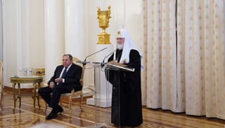 Patr. Kirill of Moscow speaks at a recent event, with Russian Foreign Minister Sergey Lavrov at left. Photo: Orthodox Times