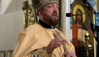 “Archimandrite” Kyprian Lozynsky of the OCU St. John Chrysostom Monastery in Lviv in the miter of St. John of Kronstadt of the Russian Orthodox Church. Photo: Facebook