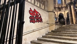 Graffiti-style sticker art in the Canterbury Cathedral. Photo: Canterbury Cathedral