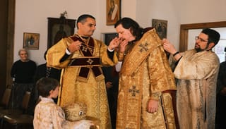 Bsp. Vasily presides over Divine Liturgy at SVOTS. Photo: Seminarians Scott Strickland and Andrew Neel