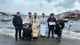 Newly illumined Greenlander, Cleopas, with Bp. Makarios and family. Photo: Diocese of Northern Europe / Facebook
