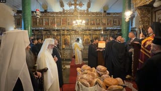 Patr. Daniel of Bulgaria (far left), Patr. Daniel of Romania (in white), and Patr. Bartholomew (far right) at the welcome doxology in Imbros. Photo: Ecumenical Patriarch / Facebook video