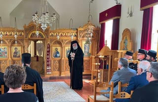 Metropolitan Saba addressing the Antiochian Archdiocese board at its spring 2025 meeting
