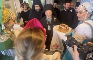 Russian women in Istanbul greet Patriarch Bartholomew at the Church of St. Andrew the First-Called. Photo: Phanar's Facebook page