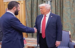 President Trump meets with Syria's interim President Ahmed al-Sharaa on March 14, 2025 in Riyadh, Saudi Arabia. Photo: Saudi Royal Palace/AP
