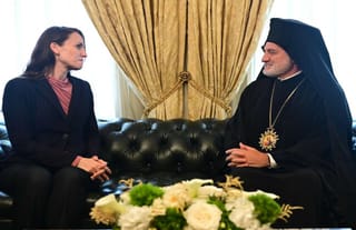 Abp. Elpidophoros meets with Romania's Minister of Foreign Affairs. Photo: Orthodox Observer/Dimitrios Panagos