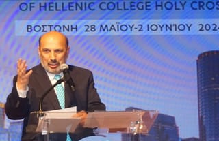 Theodore Kalmoukos speaks at the Maliotis Cultural Center in 2024. Photo: Maliotis Cultural Center