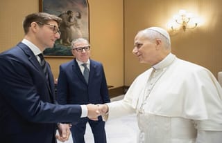 Alex Capecelatro and his "husband," Brian Stevens, meeting with Pope Leo. Photo: Alex Capecelatro/Facebook