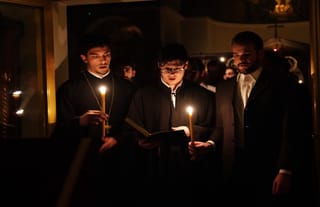 Students of Hellenic College Holy Cross participate in the All-Night Vigil. Photo: HCHC