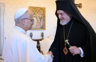 Pope Leo greets Metropolitan Emmanuel of Chalcedon. Photo: Vatican Media