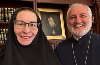 Barbara Larin and Abp. Elpidophoros. Photo: Vassa Larin/Facebook