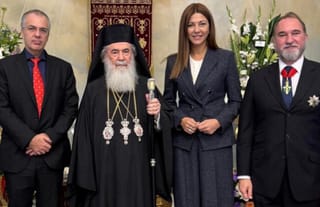 Sofia Zacharaki is pictured with Pat. Theophilos III of Jerusalem. Photo: Sofia Zacharaki/Facebook