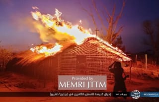 A home with a cross placed on top is burned down by Islamic terrorists in Mozambique. Photo: MEMRI